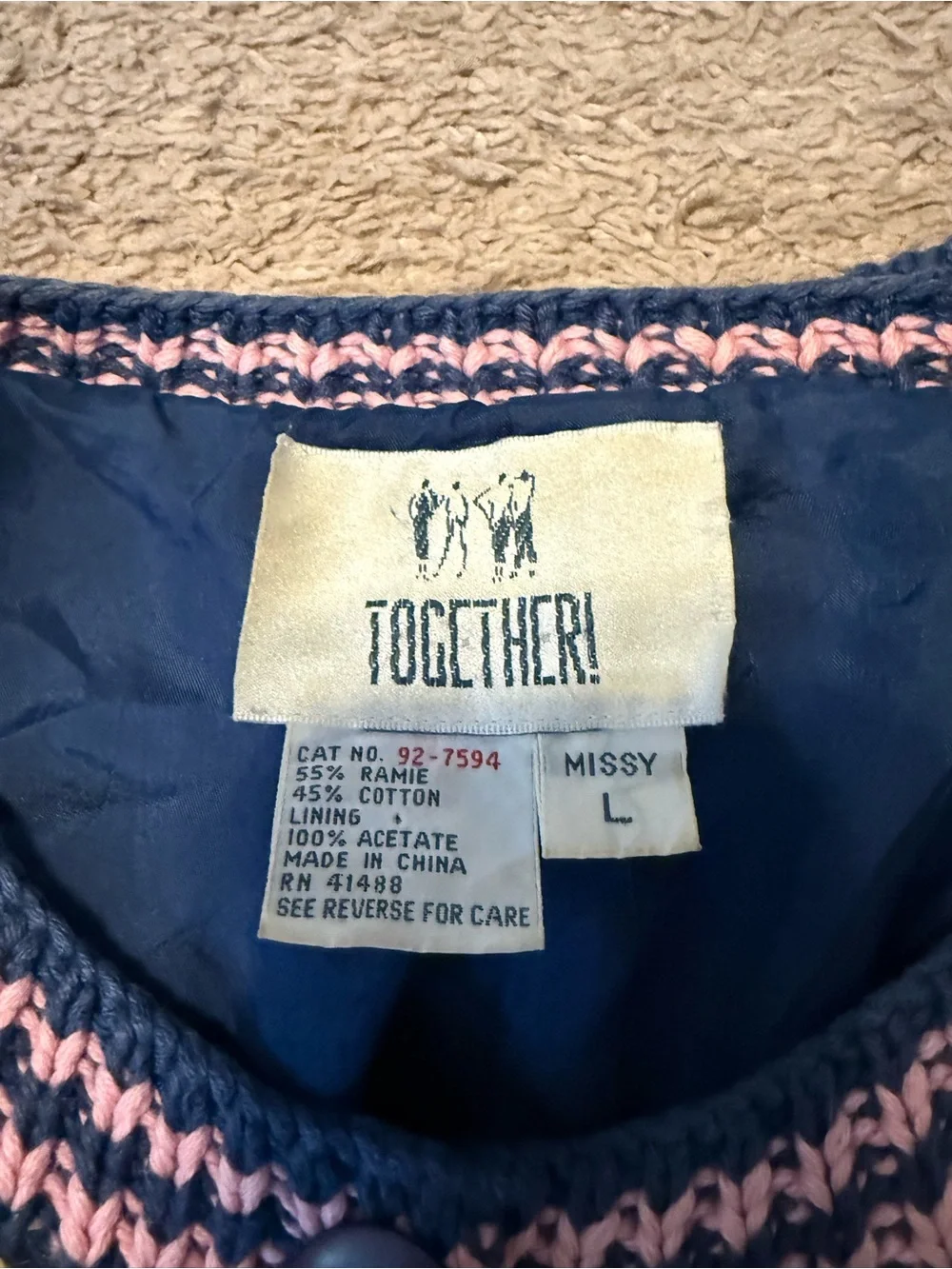 Together Navy button Knit Cardigan with Pink and Yellow Accents